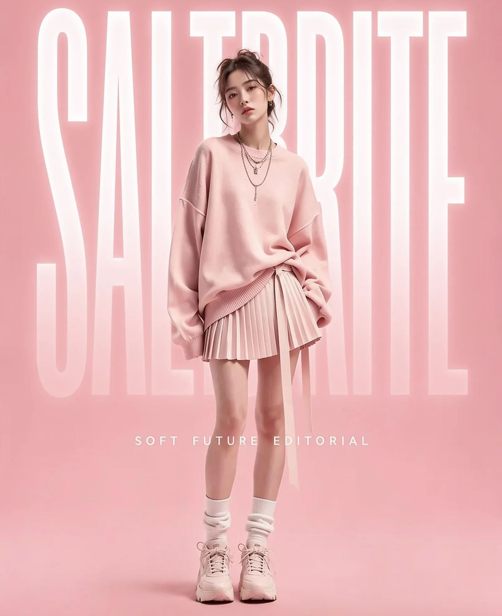 A model in a pink jumper and pleated skirt standing in front of the SaltBrite wordmark